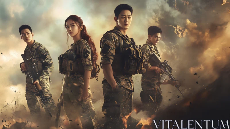 Cinematic military squad portrait in dynamic battle haze.