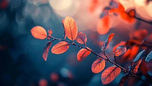 Autumn branch macro with glowing bokeh background.