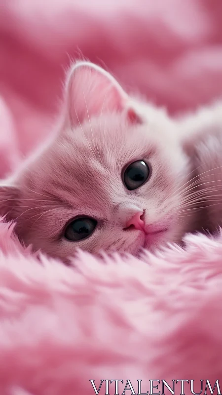 Pink fluffy cat with black eyes resting on soft fabric