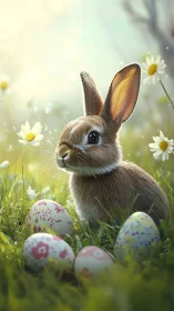 Young rabbit sits among painted eggs in bright meadow