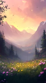 Mountain valley meadow under warm sunset sky. Period.