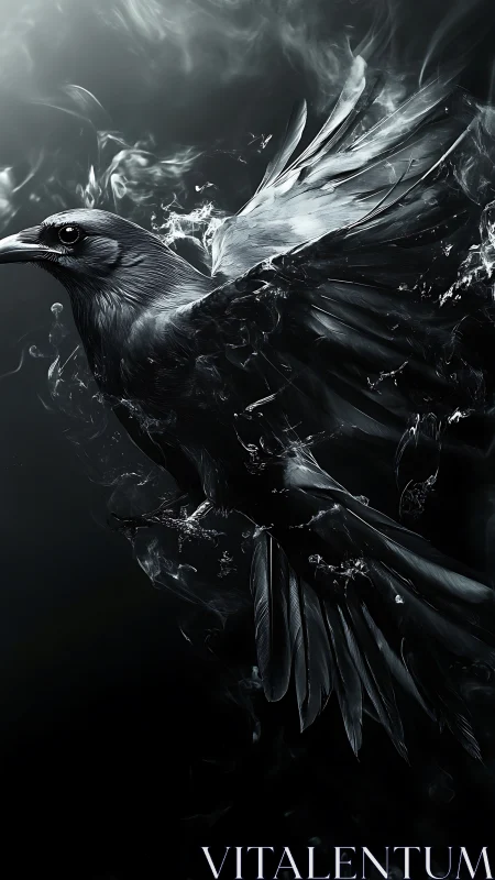 Digital painting study of a raven dissolving into smoke forms.