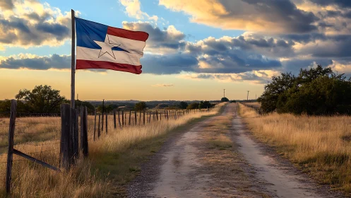Texas country road stretches beneath a golden evening sky