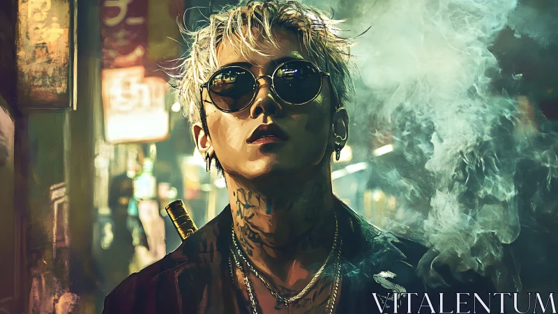 Nocturnal street rebel in neon haze with cinematic glare.