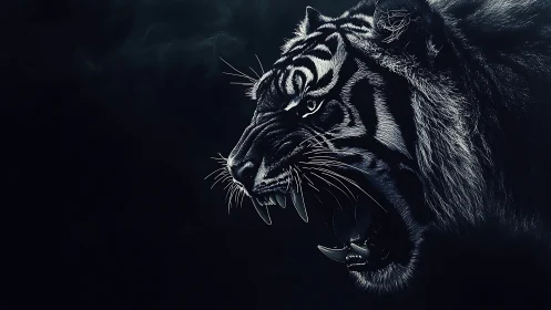 Profile study of roaring tiger in dark negative space.