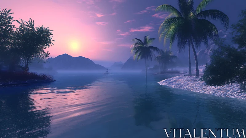 Tropical lagoon scene during sunset with palm trees and mountains