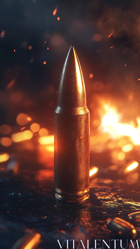 Single rifle cartridge upright amid sparks and fire glow.