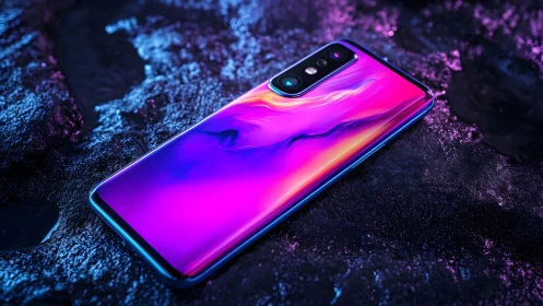 Futuristic smartphone with vibrant neon lighting on textured surface.