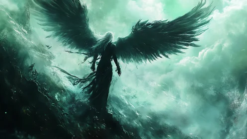 Winged humanoid figure stands in mist above inclined terrain