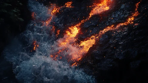 Incandescent Magma Flow Through Fractured Terrain Surface.