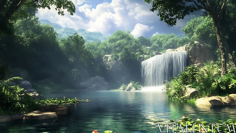Sunlit jungle waterfall invites quiet moments of gentle wonder