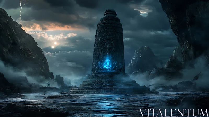 Ancient monolith in stormy canyon with blue core glow.