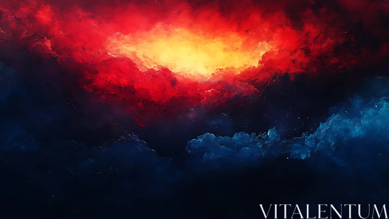 Fiery cosmic nebula glows above deep blue celestial void