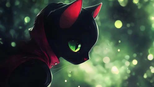 Feline Silhouette with Crimson Ears Against Luminous Green Bokeh Environment