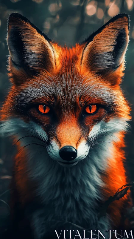 Luminous fox portrait in moody forest bokeh lighting.