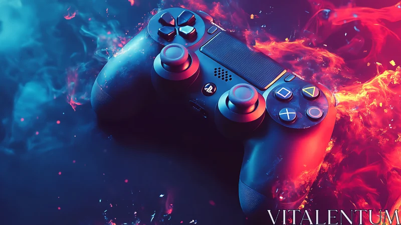 Game controller in vivid neon flames and smoke background.