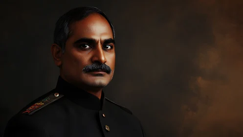 Stoic military officer in chiaroscuro digital portrait.