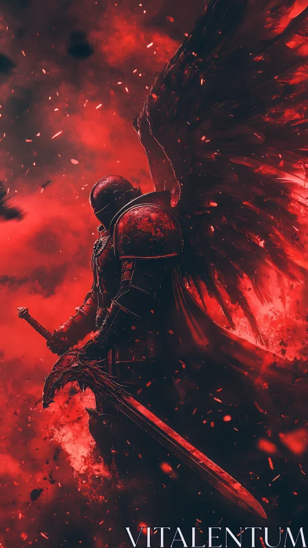 Dark winged warrior stands in a burning crimson storm