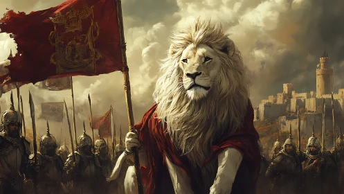 Regal white lion commands medieval army before citadel.
