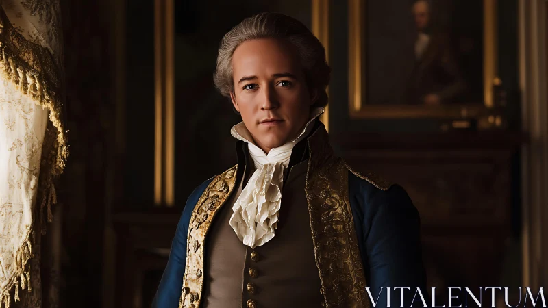 Photorealistic aristocratic portrait in baroque interior setting.