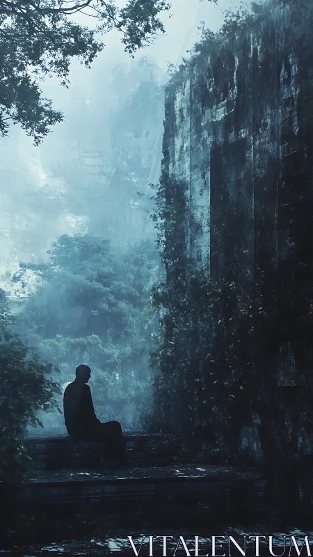 Solitary figure rests beside misty ruins in quiet reflection