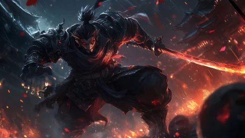 Armored swordsman advances through burning, ember-lit street