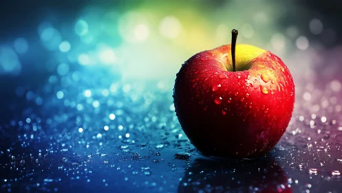 Glowing red apple rests on wet glass under dreamy colors