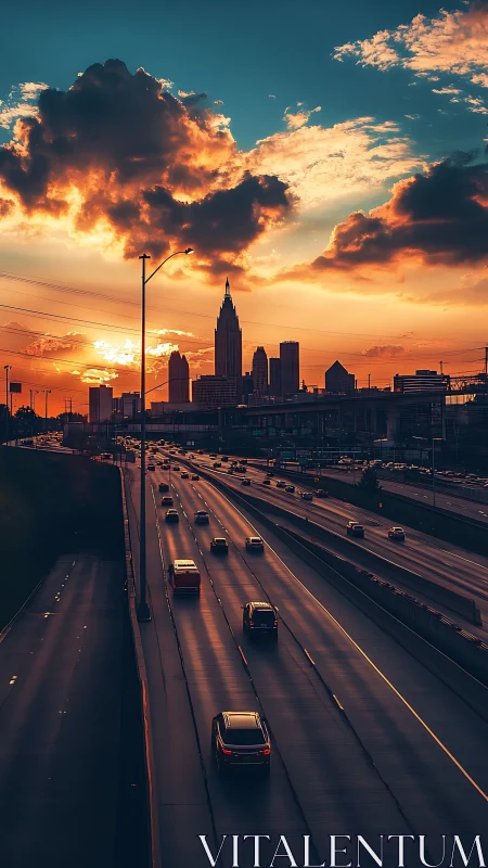 Cinematic urban sunset over highway leading to skyline silhouette.