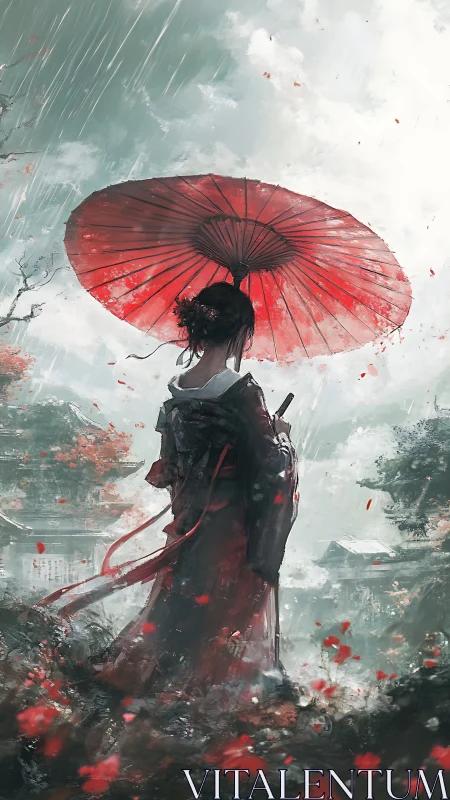 Samurai woman under red umbrella in rainy landscape.