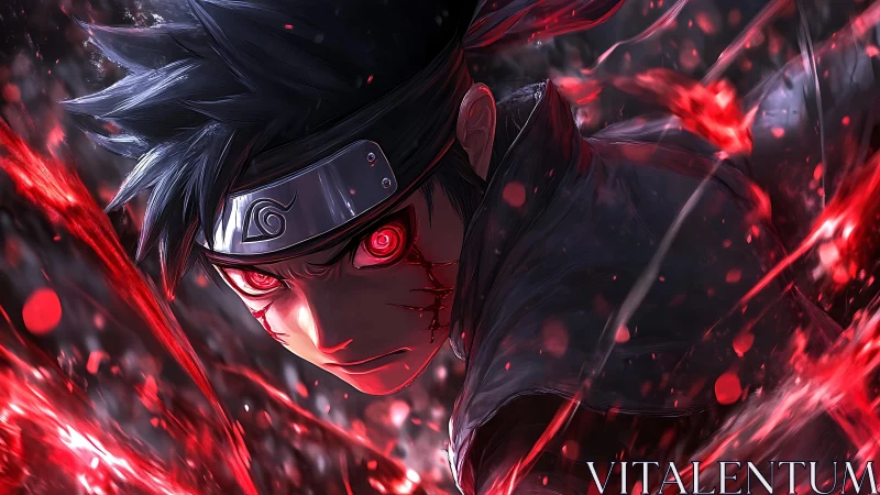 Storm-lit ninja glare in a swirl of crimson power.