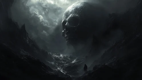 Colossal skull-shaped cliff dominates foggy abyssal valley landscape