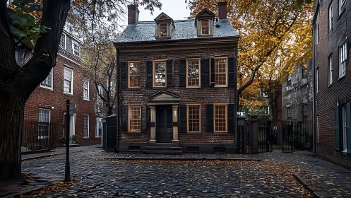 Photorealistic colonial townhouse on cobbled autumn street.