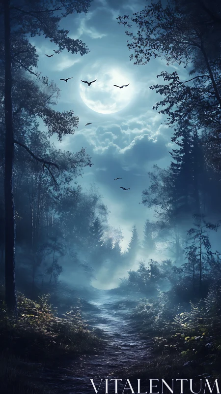 Moonlit Forest Path Through Ancient Woods.