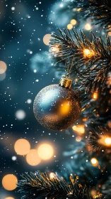 Silver bauble on evergreen tree with golden holiday bokeh.