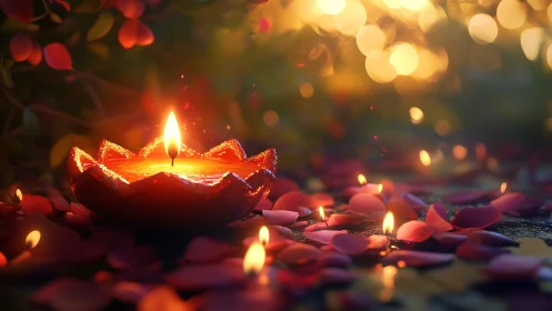 Glowing red diya flame illuminates petals in warm bokeh light