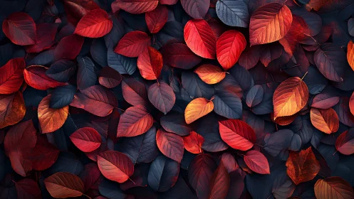 Red and dark autumn leaves layered in dense foliage.