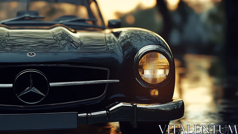 Golden-hour gleam on a classic black Mercedes front profile.