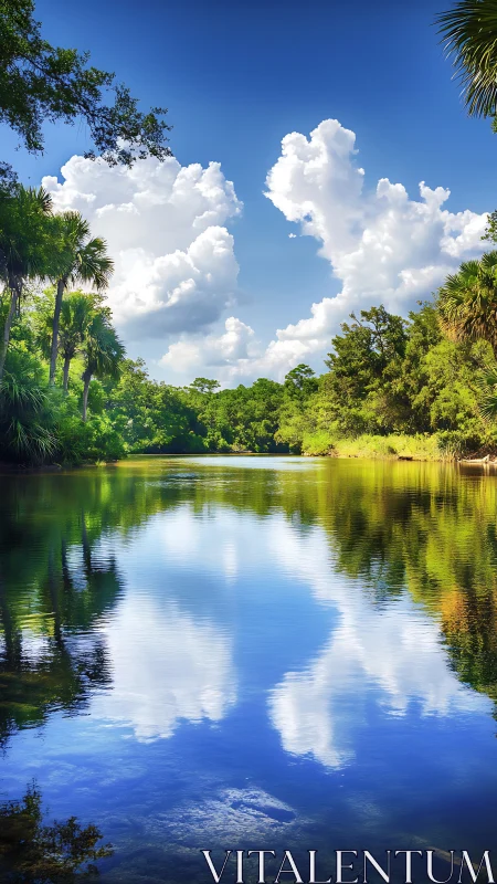 Cloud mirrors drift across a tranquil palm-lined river.