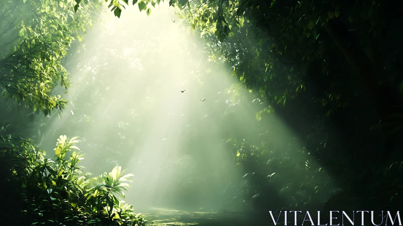 Gentle sunbeams pour into a peaceful emerald forest clearing