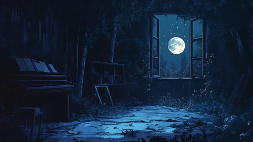 Moonlit abandoned room frames a forest nightscape in blue tones