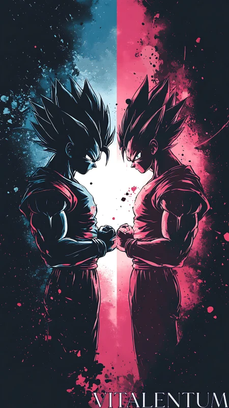 Saiyan rivals stand locked in an electric mirrored standoff.