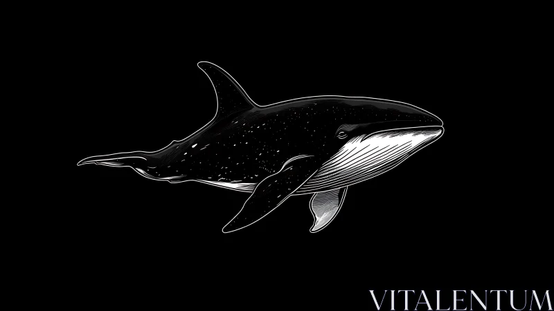 White outlined whale illustration floats on solid black background