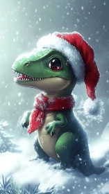 Snowy baby dinosaur in festive Santa hat and scarf.