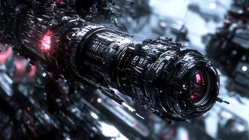 Cylindrical mech structure with dense greeble, hard-specular lighting