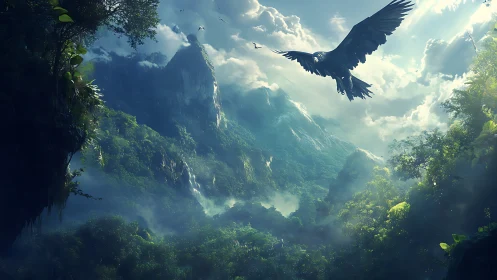 Sky-soaring raven above mist-clad emerald jungle peaks.