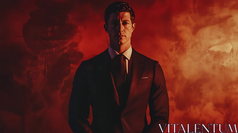 Mystery in a crimson sky: suited figure in quiet focus.