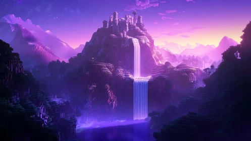 Glowing pixel waterfall flows beneath a serene violet sky