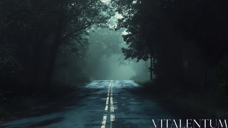Photorealistic misty forest road with moody chiaroscuro lighting.