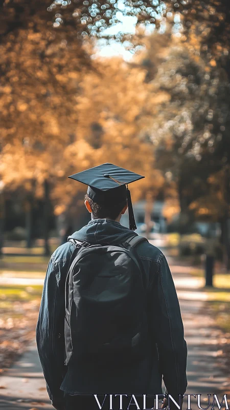 Graduate walking alone under autumn campus trees at dusk.