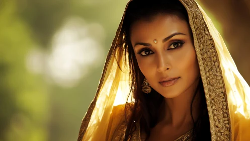 Portrait of woman in golden embroidered dupatta, soft bokeh light